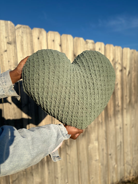 Sage Green Super Knitted Heart Pillow (Made to Order)